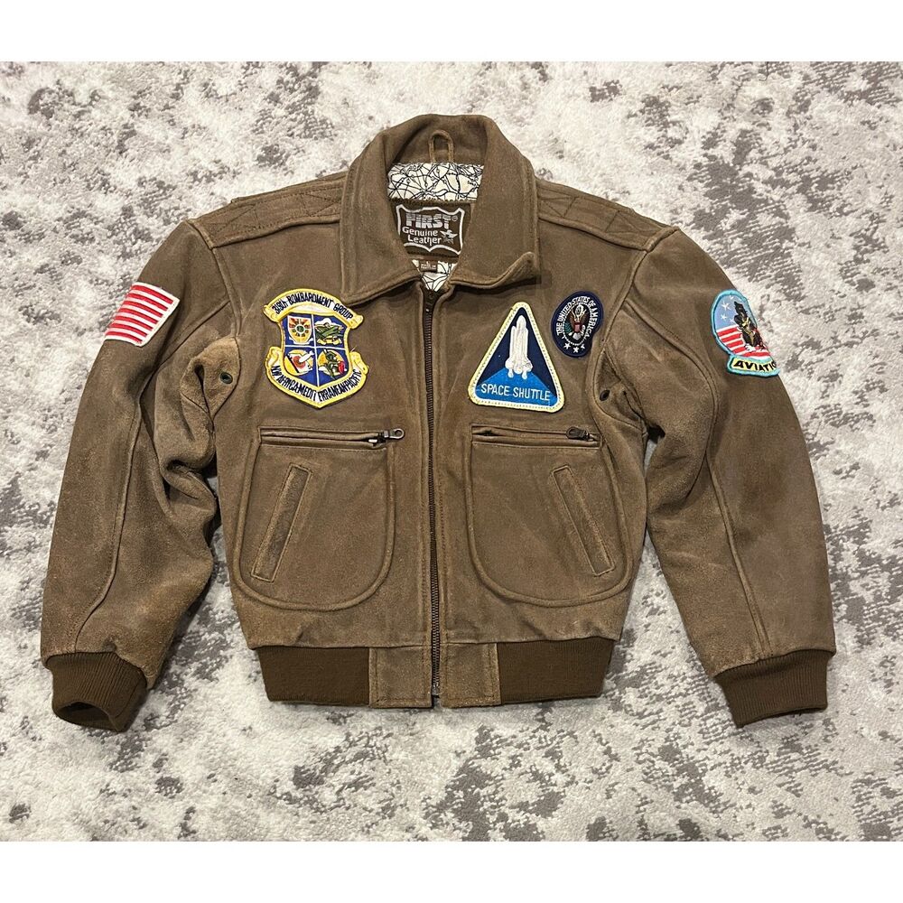 VTG Brown Suede Leather Youth Boy's Flight Bomber Space Shuttle Jacket Sz L